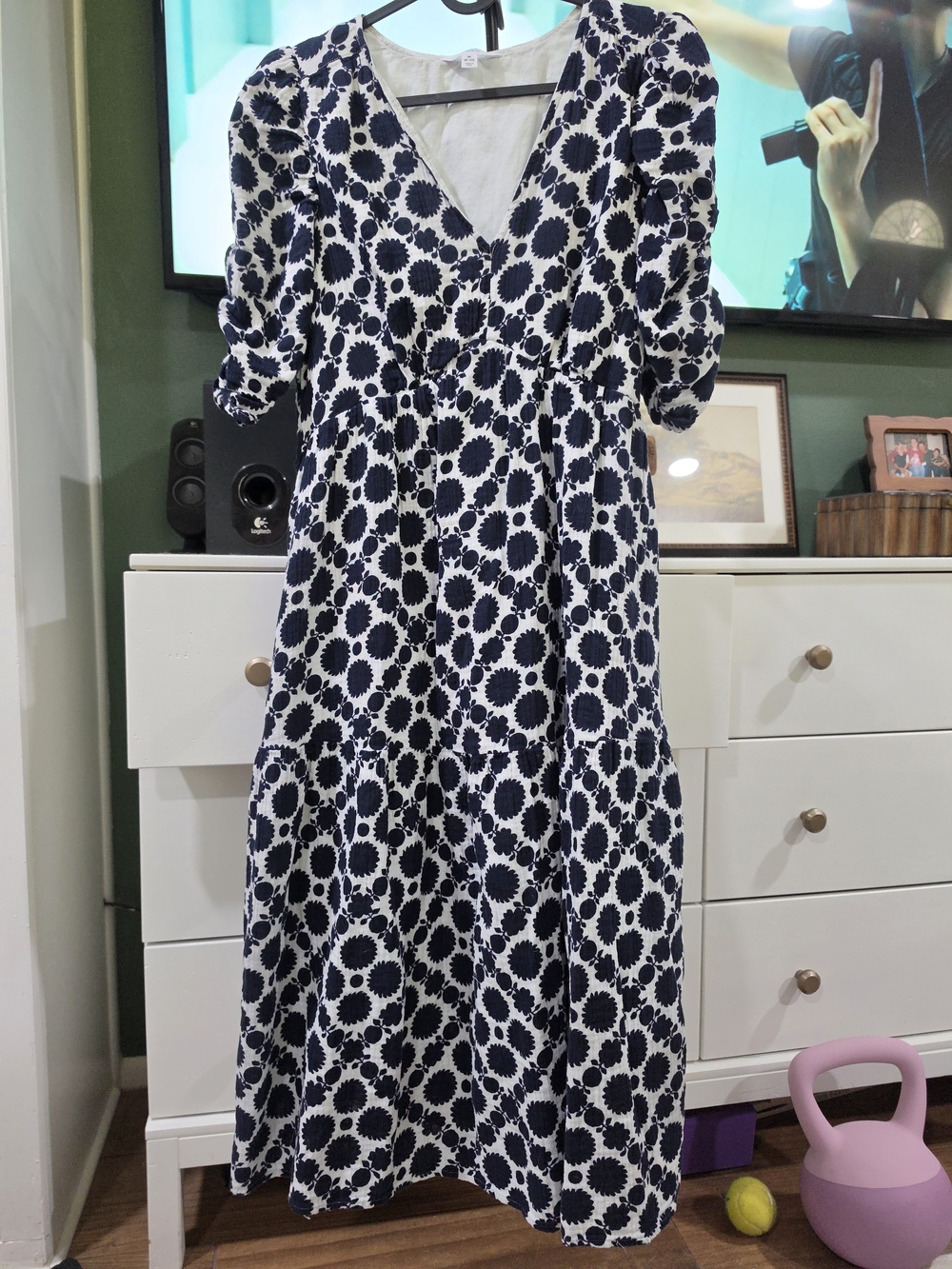 Time & Tru Navy and White Floral-Print Maxi Dress with V-Neck
